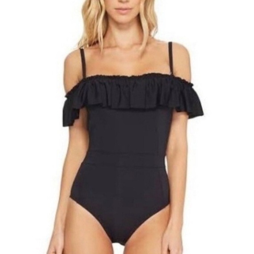 Bleu Rod Beattie Ruffle Off Shoulder One Piece Swimsuit 8 Black solid minimalist